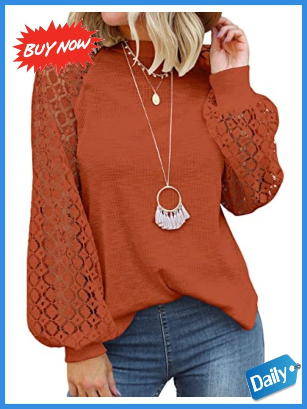 Waffle Knit Lace Long Sleeve Blouse Crew Neck Loose Fit Casual Top